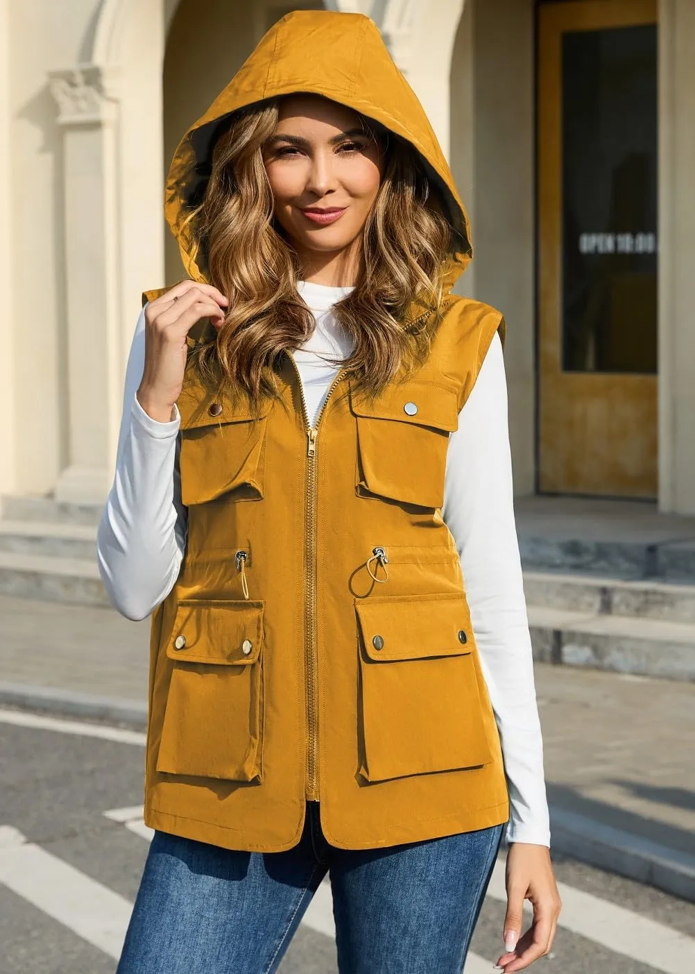 PESION Womens Packable Military Utility Vests Outerwear Waterproof Windbreaker Jacket Cargo Vest with Removable Hood