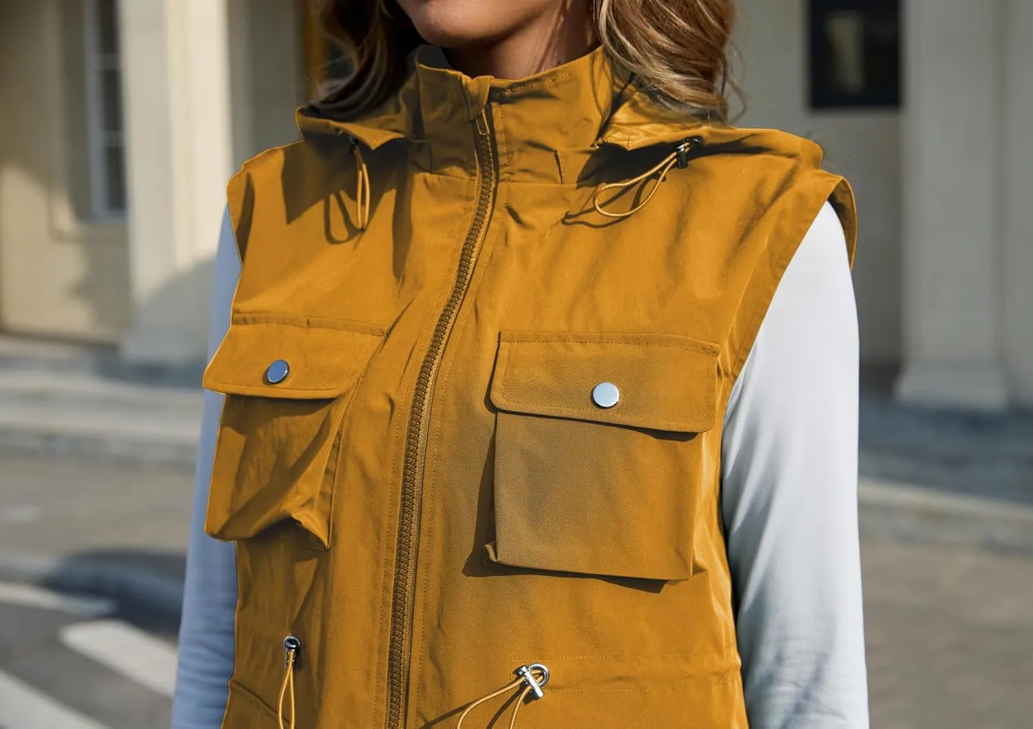 PESION Womens Packable Military Utility Vests Outerwear Waterproof Windbreaker Jacket Cargo Vest with Removable Hood