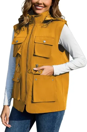 PESION Womens Packable Military Utility Vests Outerwear Waterproof Windbreaker Jacket Cargo Vest with Removable Hood