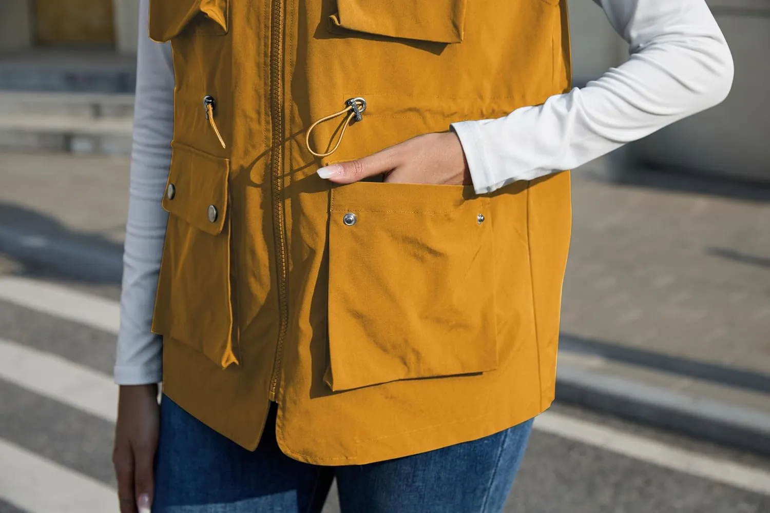 PESION Womens Packable Military Utility Vests Outerwear Waterproof Windbreaker Jacket Cargo Vest with Removable Hood