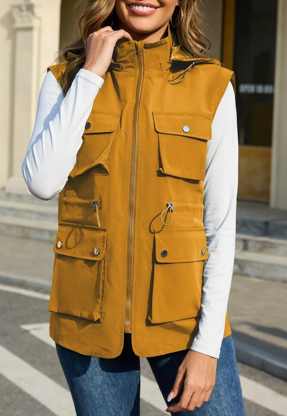 PESION Womens Packable Military Utility Vests Outerwear Waterproof Windbreaker Jacket Cargo Vest with Removable Hood