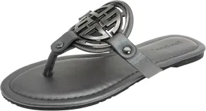 Pierre Dumas Women's Medallion Vegan Slide Thong Flip Flop Flat Sandal