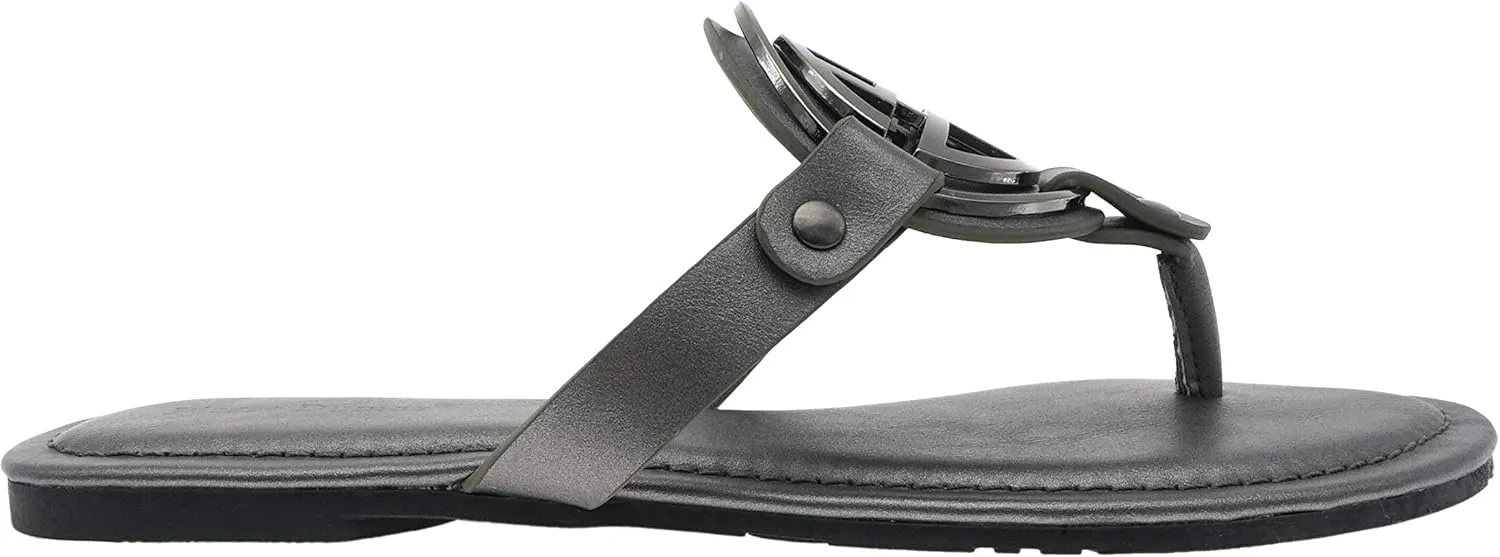 Pierre Dumas Women's Medallion Vegan Slide Thong Flip Flop Flat Sandal