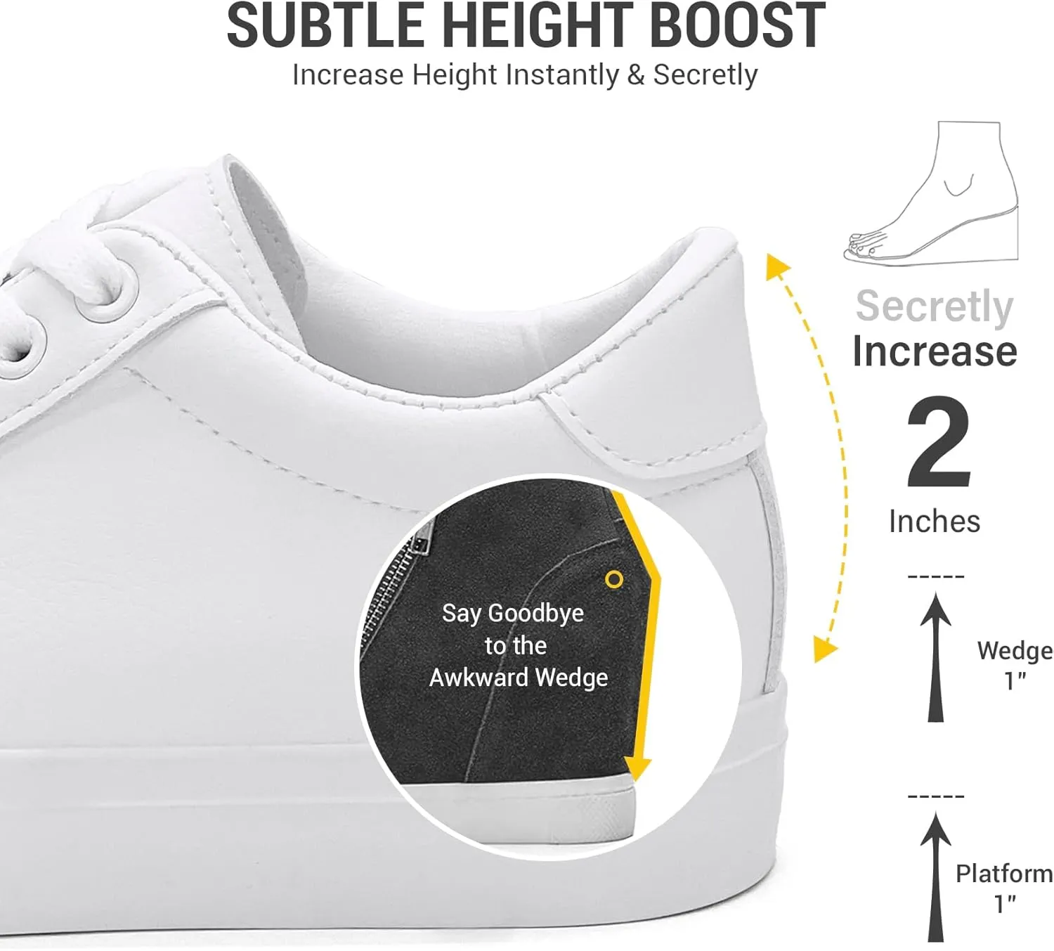 Platform Sneakers for Women 2 Inches Height Boost Hidden Wedge Sneakers, Height Increase Canvas Heel Sneakers Fashion White Sneakers for Women and Girls