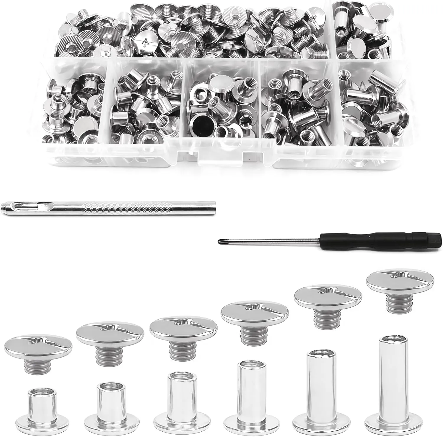 Professional 110 Sets Leather Belt Repair Kit with Chicago Screws – Durable Stainless Steel Rivets for Leather Crafting, Bag, Purse & Collar Making (Silver)