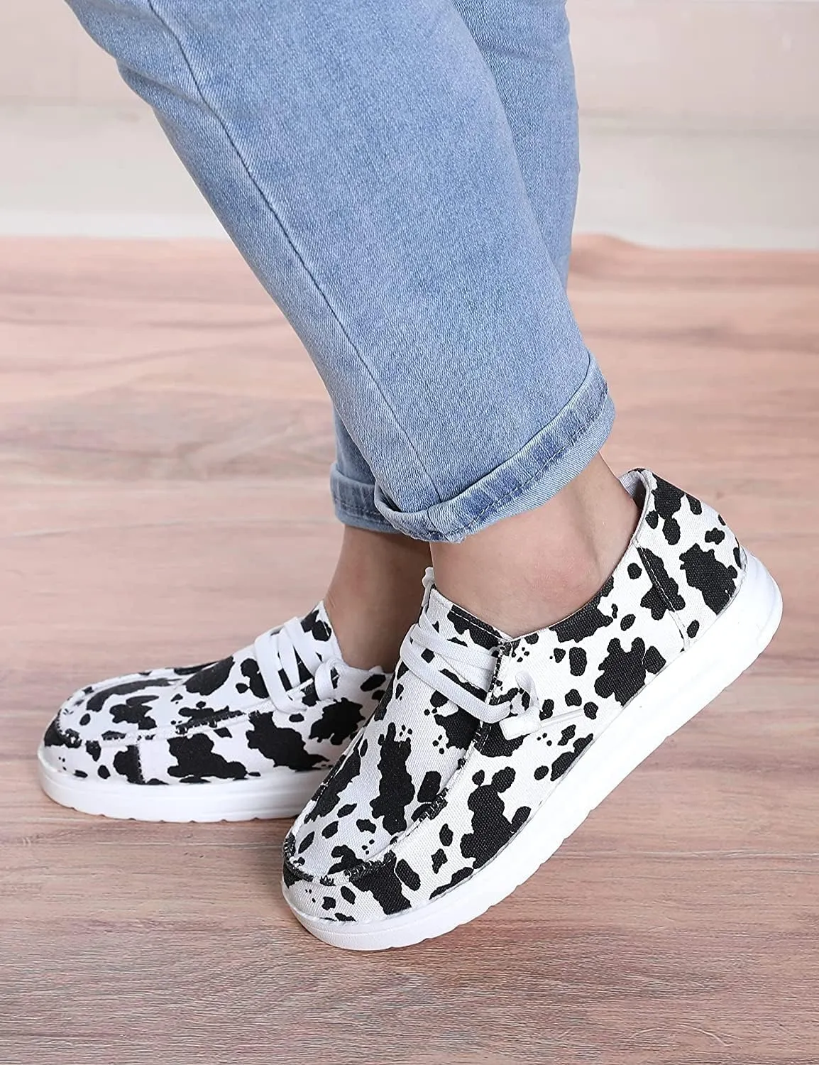RACHAPE Cow Print Shoes Canvas Sneakers for Women Slip-Ons Flats Ladies Loafers