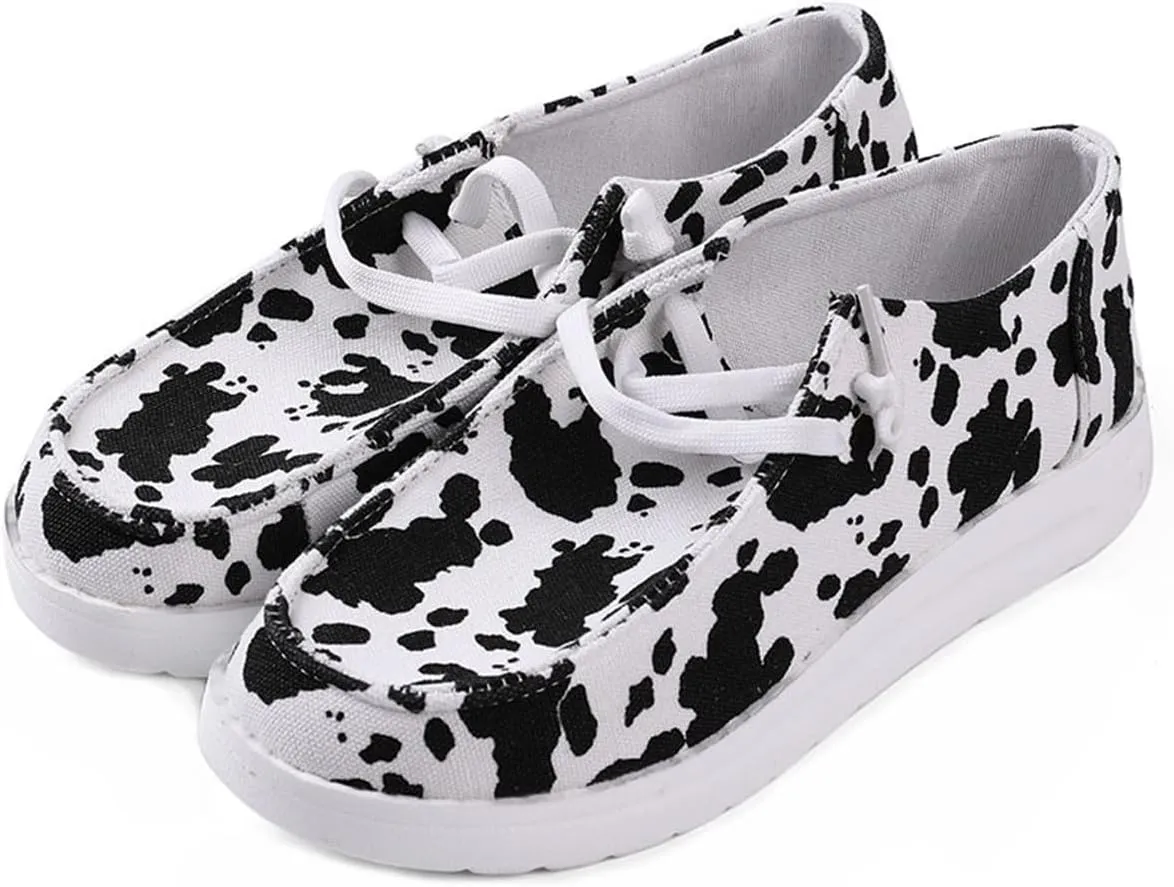 RACHAPE Cow Print Shoes Canvas Sneakers for Women Slip-Ons Flats Ladies Loafers