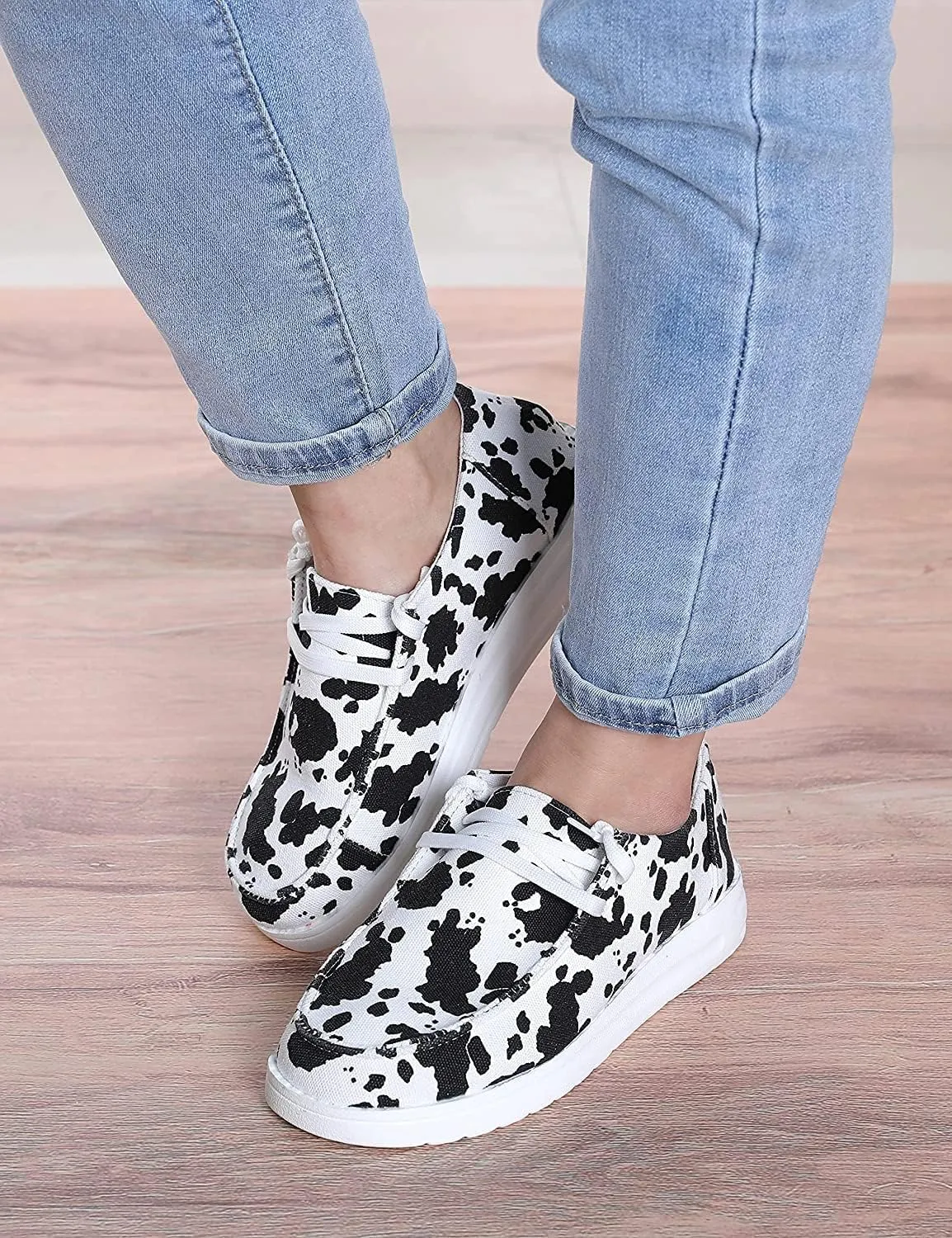 RACHAPE Cow Print Shoes Canvas Sneakers for Women Slip-Ons Flats Ladies Loafers