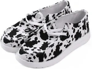 RACHAPE Cow Print Shoes Canvas Sneakers for Women Slip-Ons Flats Ladies Loafers