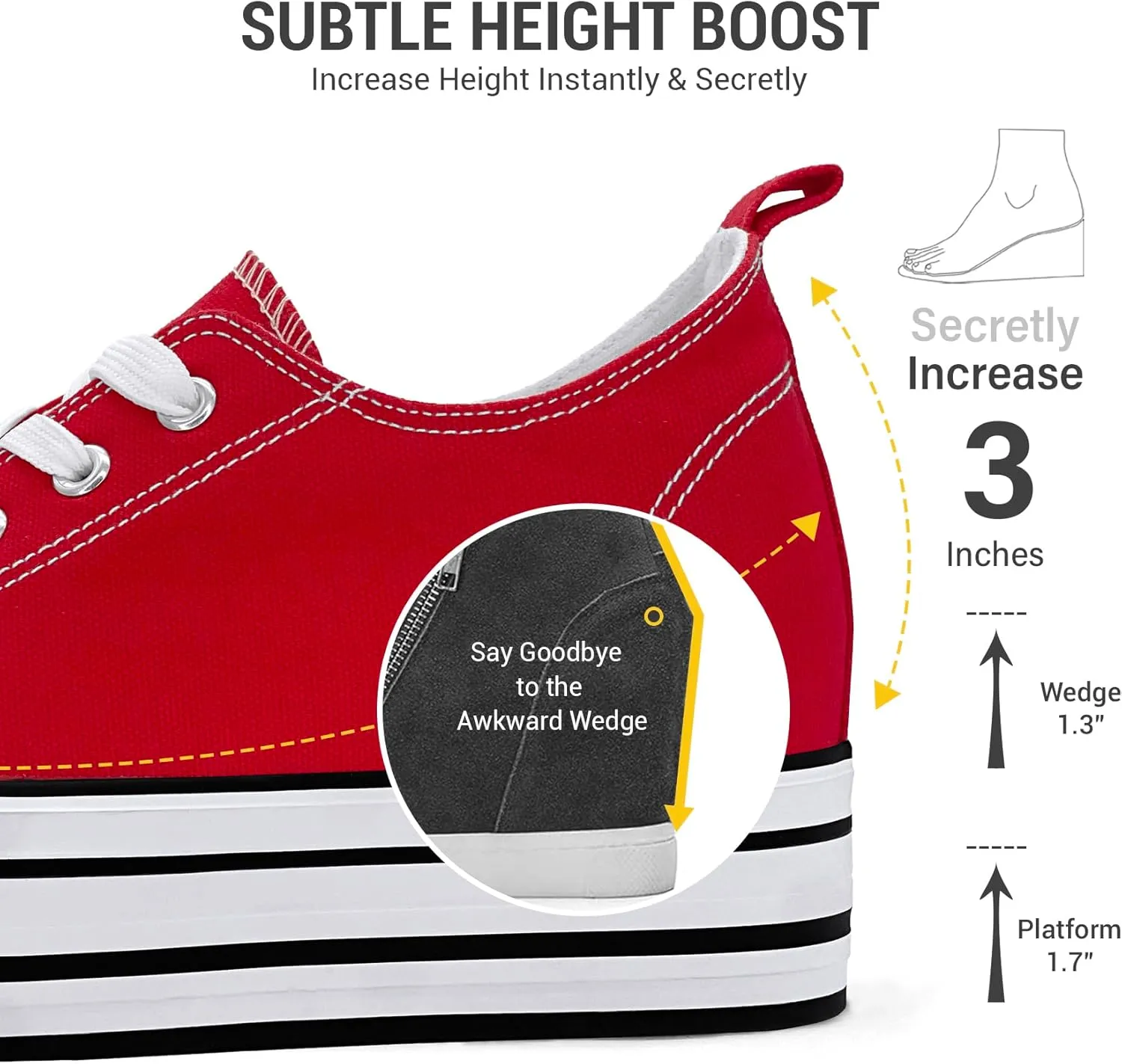 REFRASE LIFE Womens Platform Wedge Sneakers 3 Inches Height Boost Hidden Heel Shoes, Casual Height Increase Walking Fashion Shoes for Women and Girls