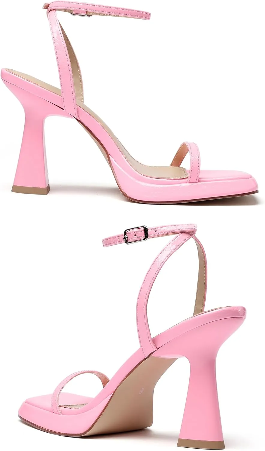Reitoye Strappy Heels for Women Platform High Chunky Heels Square Open Toe Heeled Sandals Ankle Strap Block Heels