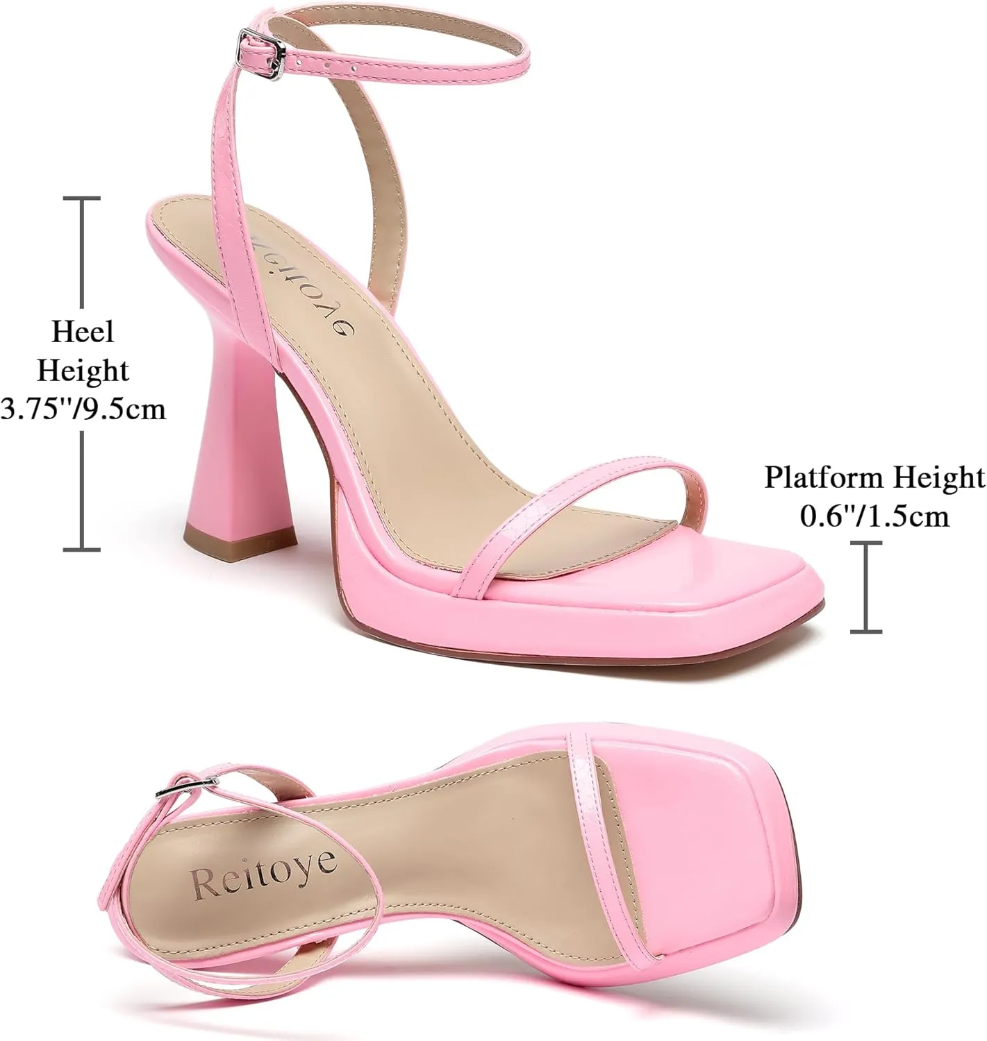 Reitoye Strappy Heels for Women Platform High Chunky Heels Square Open Toe Heeled Sandals Ankle Strap Block Heels
