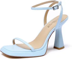 Reitoye Strappy Heels for Women Platform High Chunky Heels Square Open Toe Heeled Sandals Ankle Strap Block Heels