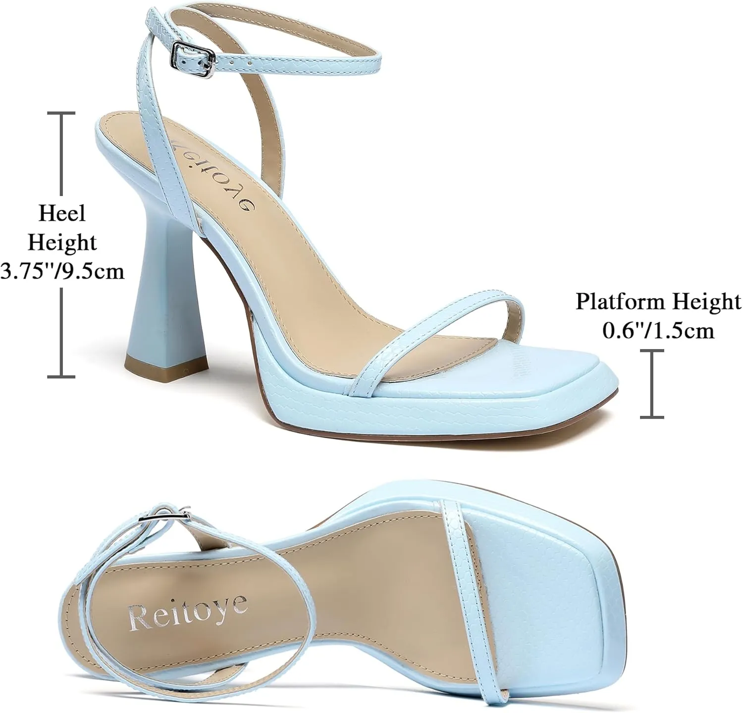 Reitoye Strappy Heels for Women Platform High Chunky Heels Square Open Toe Heeled Sandals Ankle Strap Block Heels