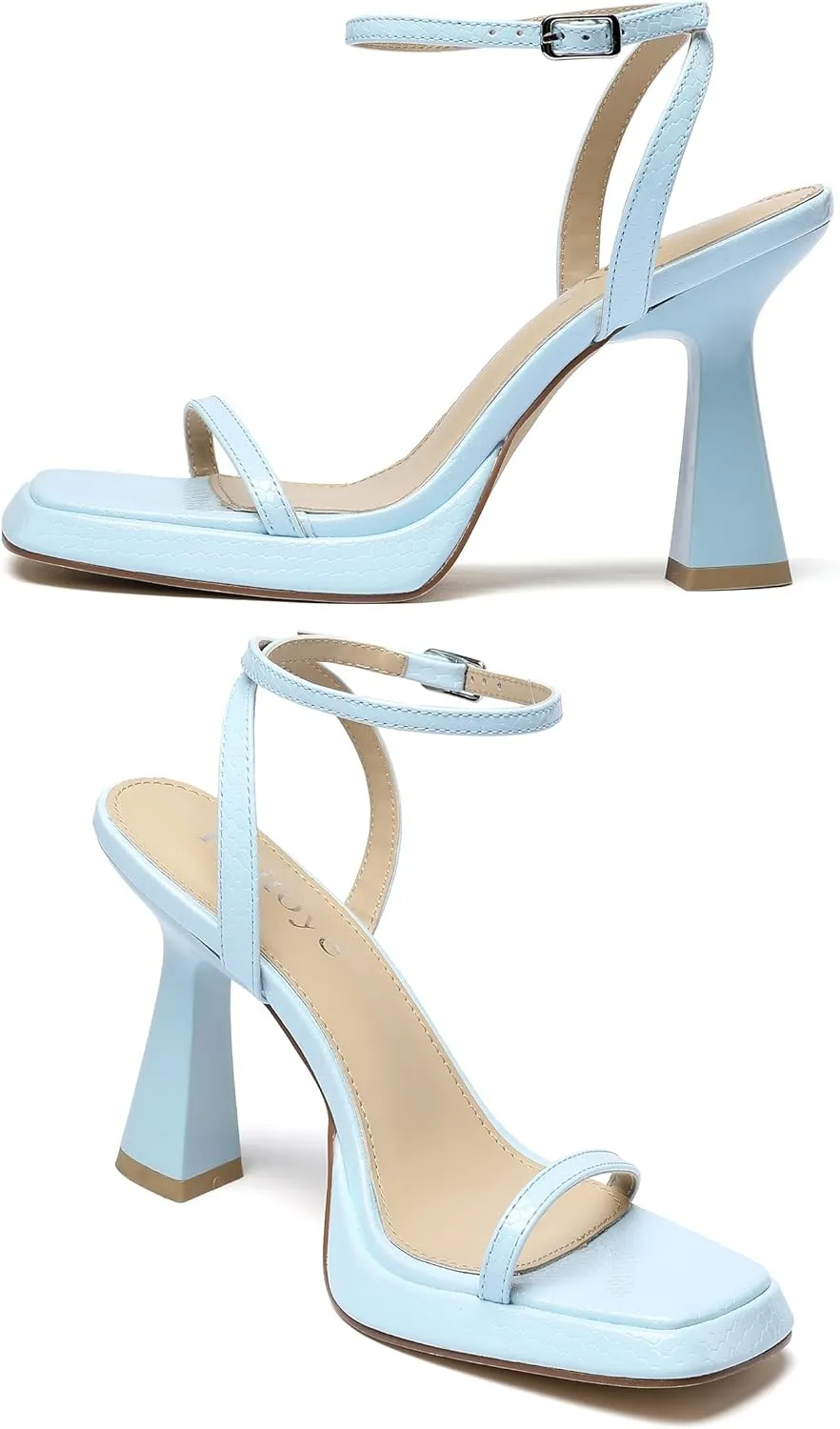 Reitoye Strappy Heels for Women Platform High Chunky Heels Square Open Toe Heeled Sandals Ankle Strap Block Heels