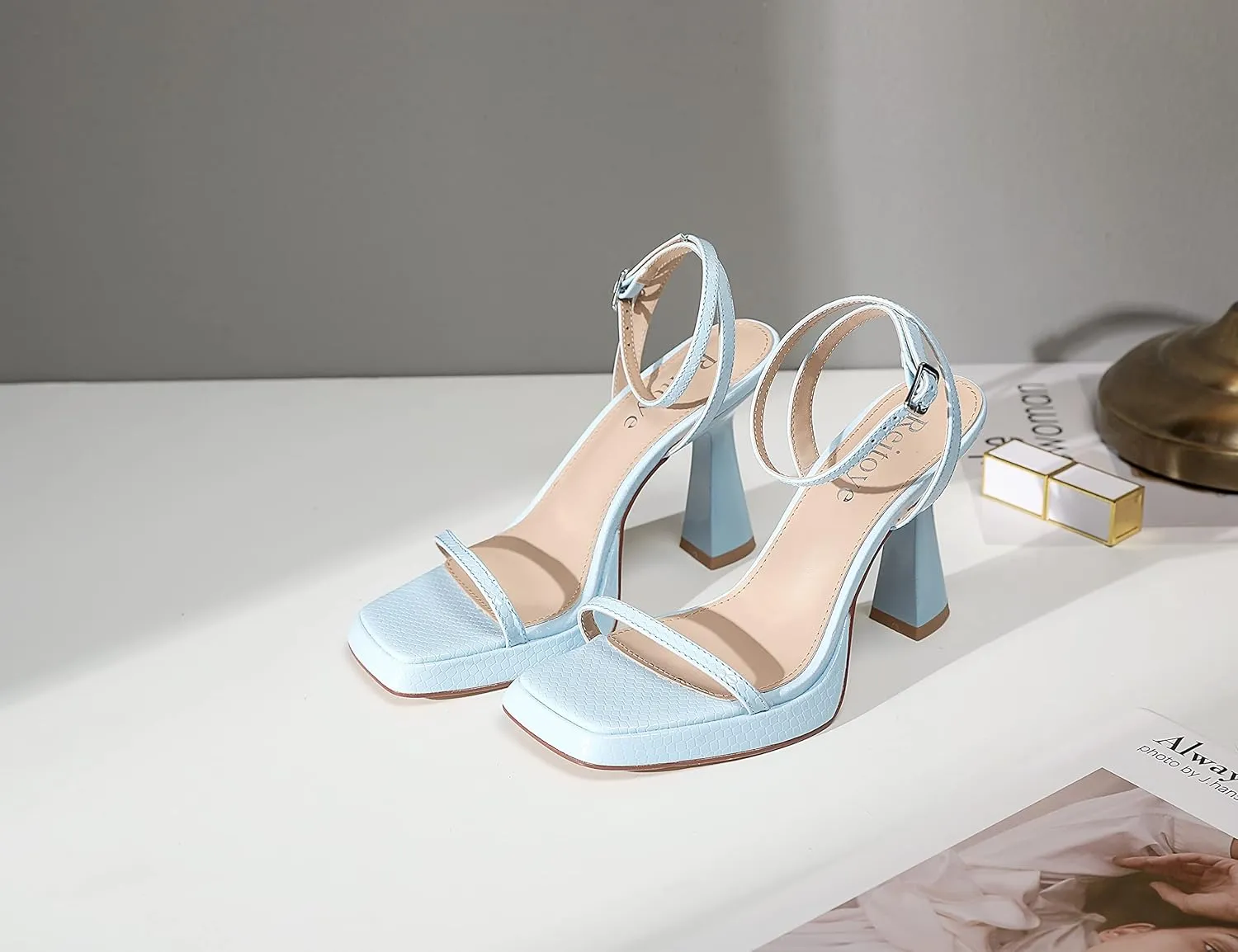 Reitoye Strappy Heels for Women Platform High Chunky Heels Square Open Toe Heeled Sandals Ankle Strap Block Heels