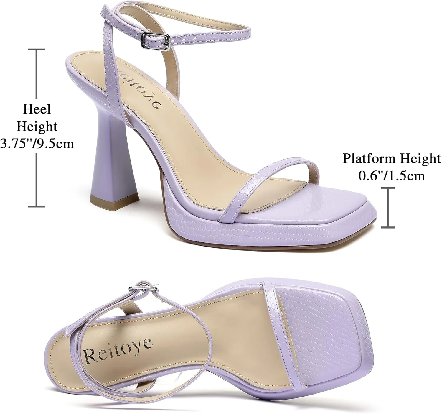 Reitoye Strappy Heels for Women Platform High Chunky Heels Square Open Toe Heeled Sandals Ankle Strap Block Heels