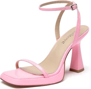 Reitoye Strappy Heels for Women Platform High Chunky Heels Square Open Toe Heeled Sandals Ankle Strap Block Heels
