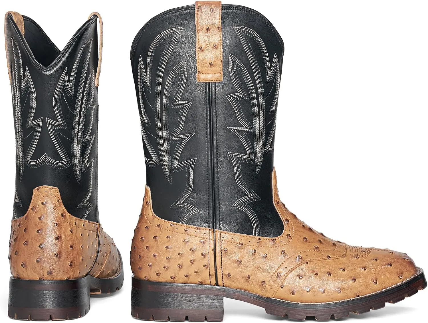 Rollda Cowboy Boots for Men Western Boots Square Toe Chunky Heel Mid-Calf Boots Classic Embroidered with Pull On Tabs