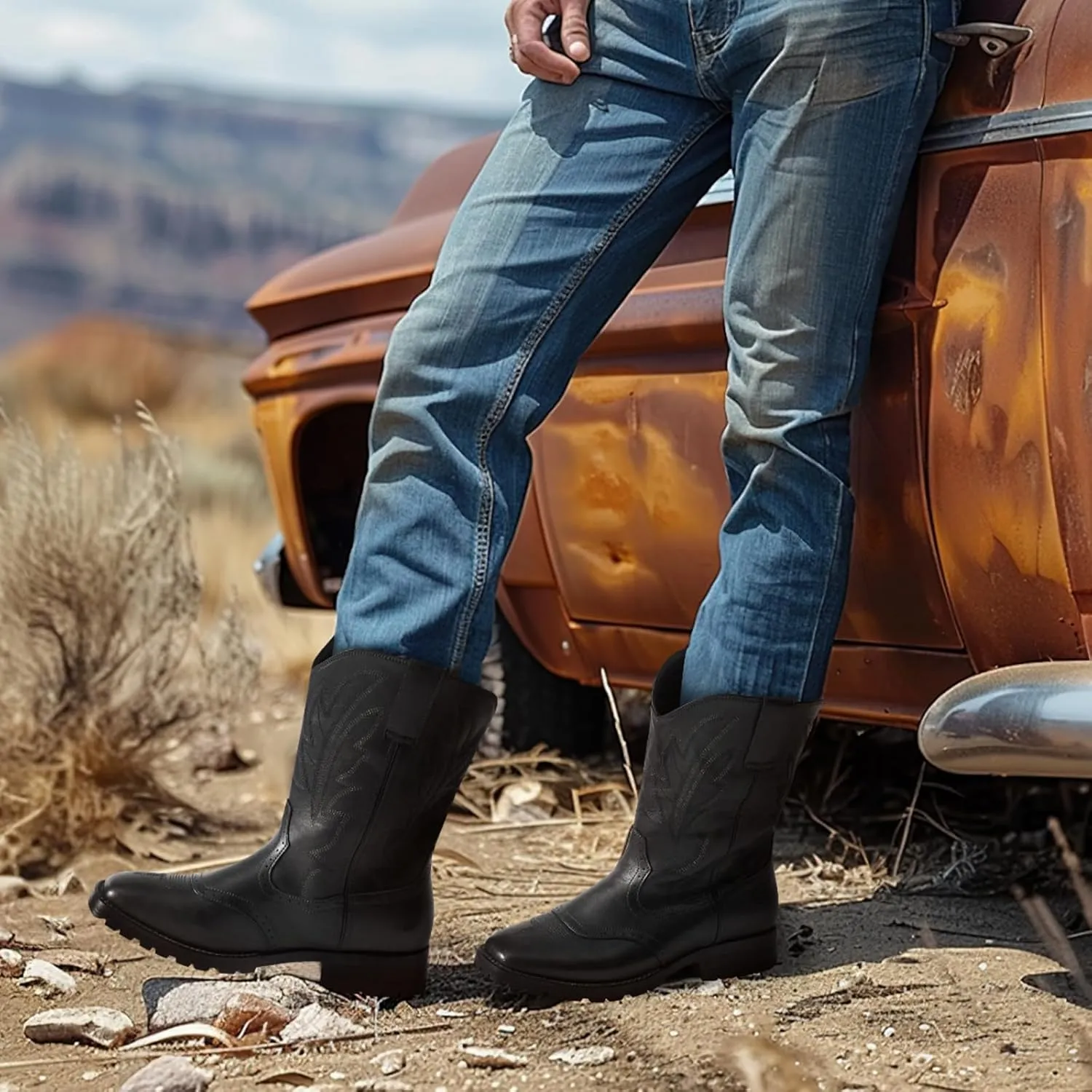Rollda Cowboy Boots for Men Western Boots Square Toe Chunky Heel Mid-Calf Boots Classic Embroidered with Pull On Tabs