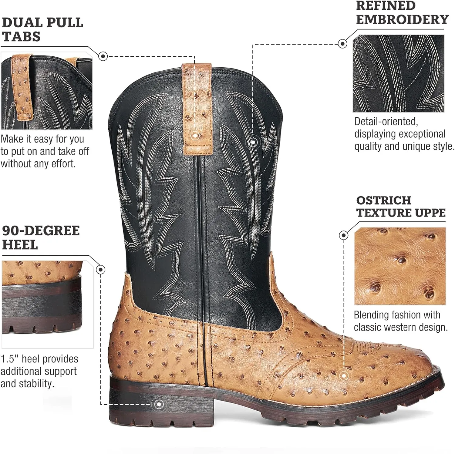 Rollda Cowboy Boots for Men Western Boots Square Toe Chunky Heel Mid-Calf Boots Classic Embroidered with Pull On Tabs