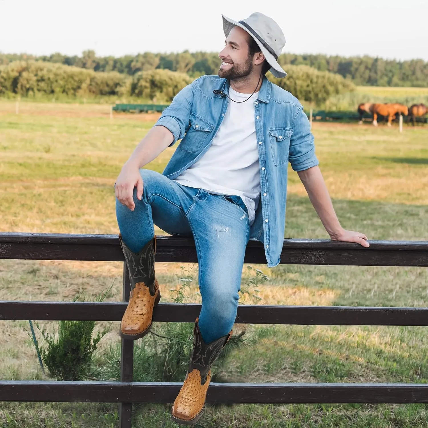 Rollda Cowboy Boots for Men Western Boots Square Toe Chunky Heel Mid-Calf Boots Classic Embroidered with Pull On Tabs