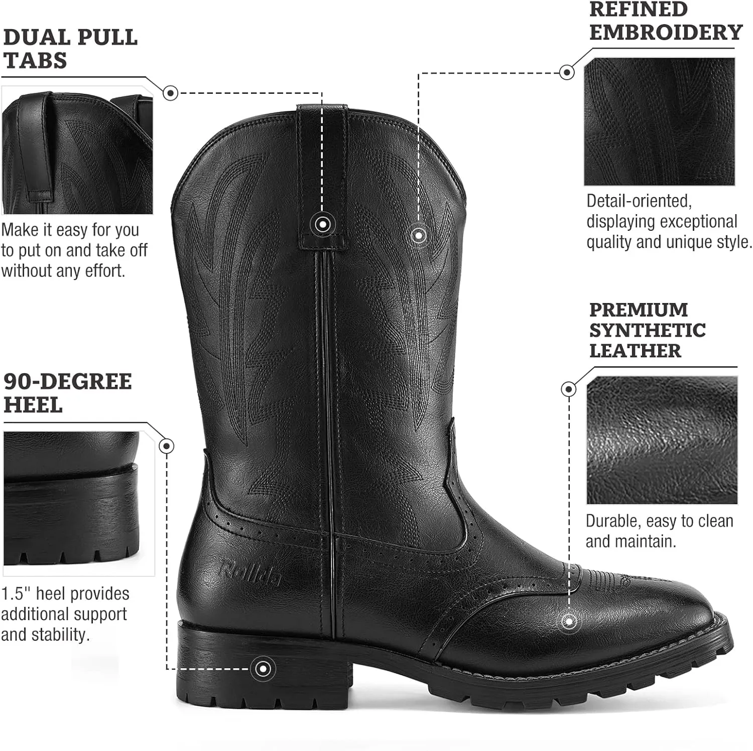 Rollda Cowboy Boots for Men Western Boots Square Toe Chunky Heel Mid-Calf Boots Classic Embroidered with Pull On Tabs