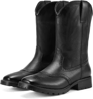 Rollda Cowboy Boots for Men Western Boots Square Toe Chunky Heel Mid-Calf Boots Classic Embroidered with Pull On Tabs