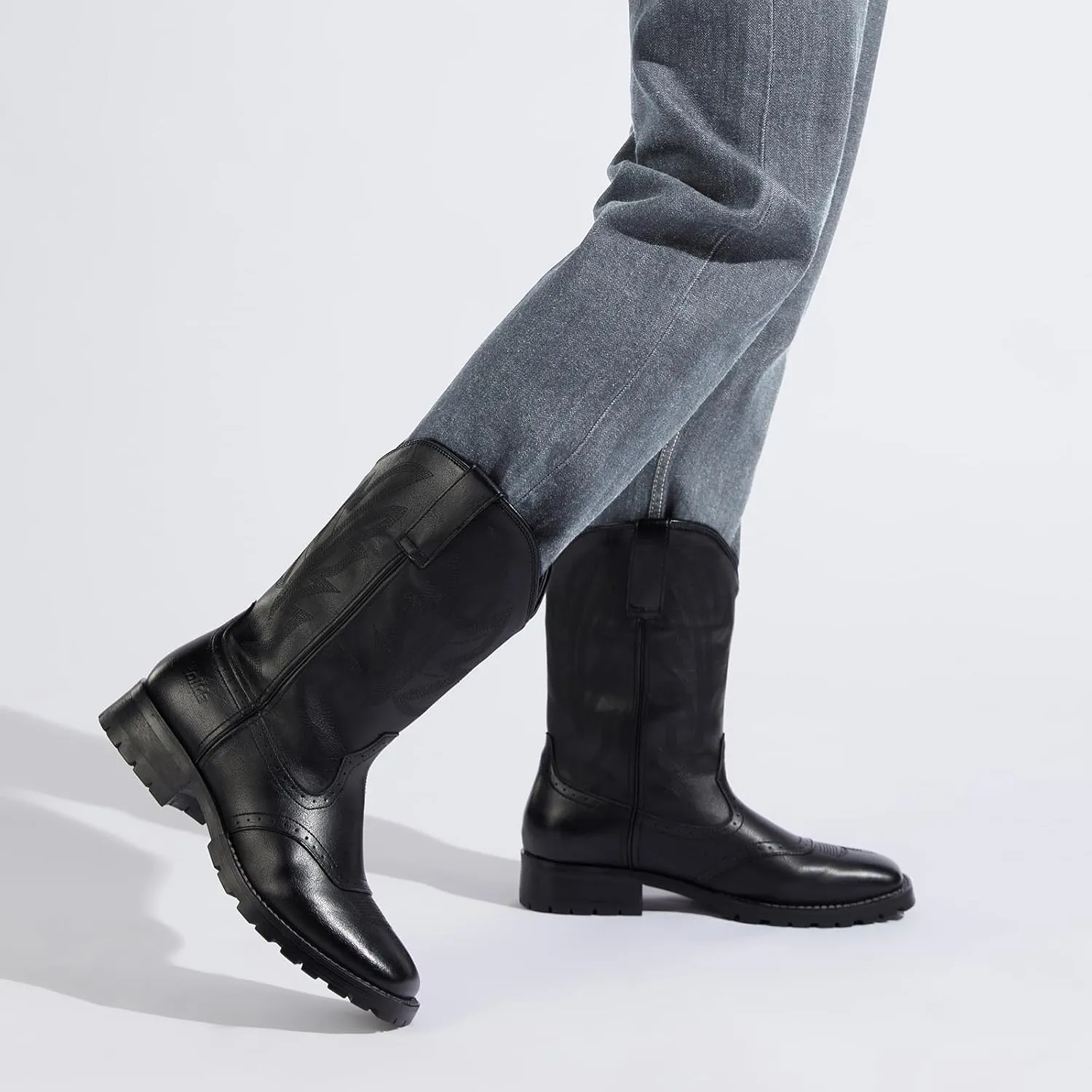 Rollda Cowboy Boots for Men Western Boots Square Toe Chunky Heel Mid-Calf Boots Classic Embroidered with Pull On Tabs