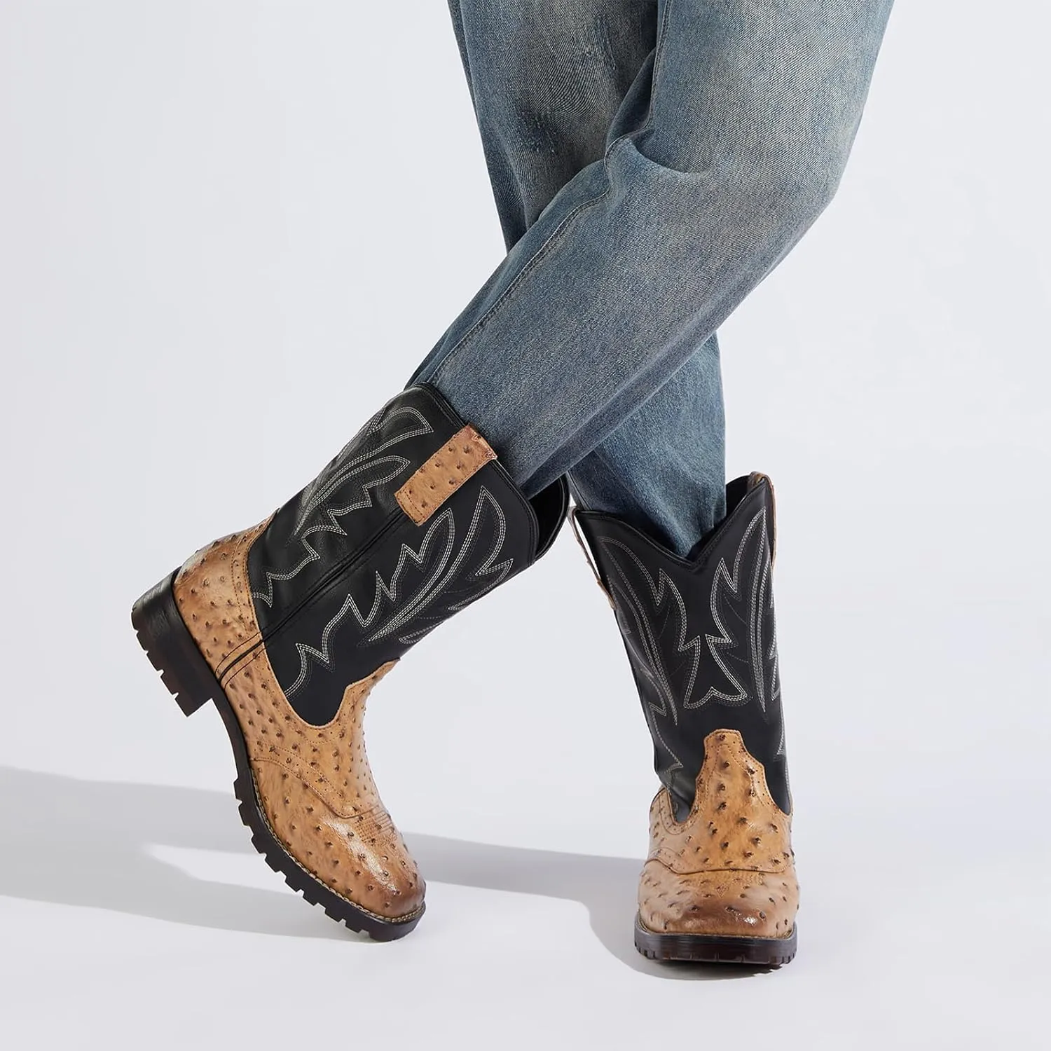 Rollda Cowboy Boots for Men Western Boots Square Toe Chunky Heel Mid-Calf Boots Classic Embroidered with Pull On Tabs