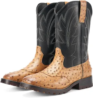 Rollda Cowboy Boots for Men Western Boots Square Toe Chunky Heel Mid-Calf Boots Classic Embroidered with Pull On Tabs