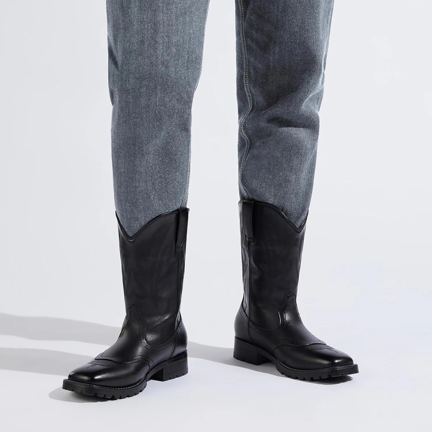 Rollda Cowboy Boots for Men Western Boots Square Toe Chunky Heel Mid-Calf Boots Classic Embroidered with Pull On Tabs