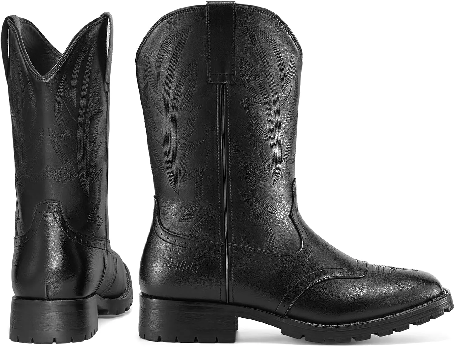Rollda Cowboy Boots for Men Western Boots Square Toe Chunky Heel Mid-Calf Boots Classic Embroidered with Pull On Tabs