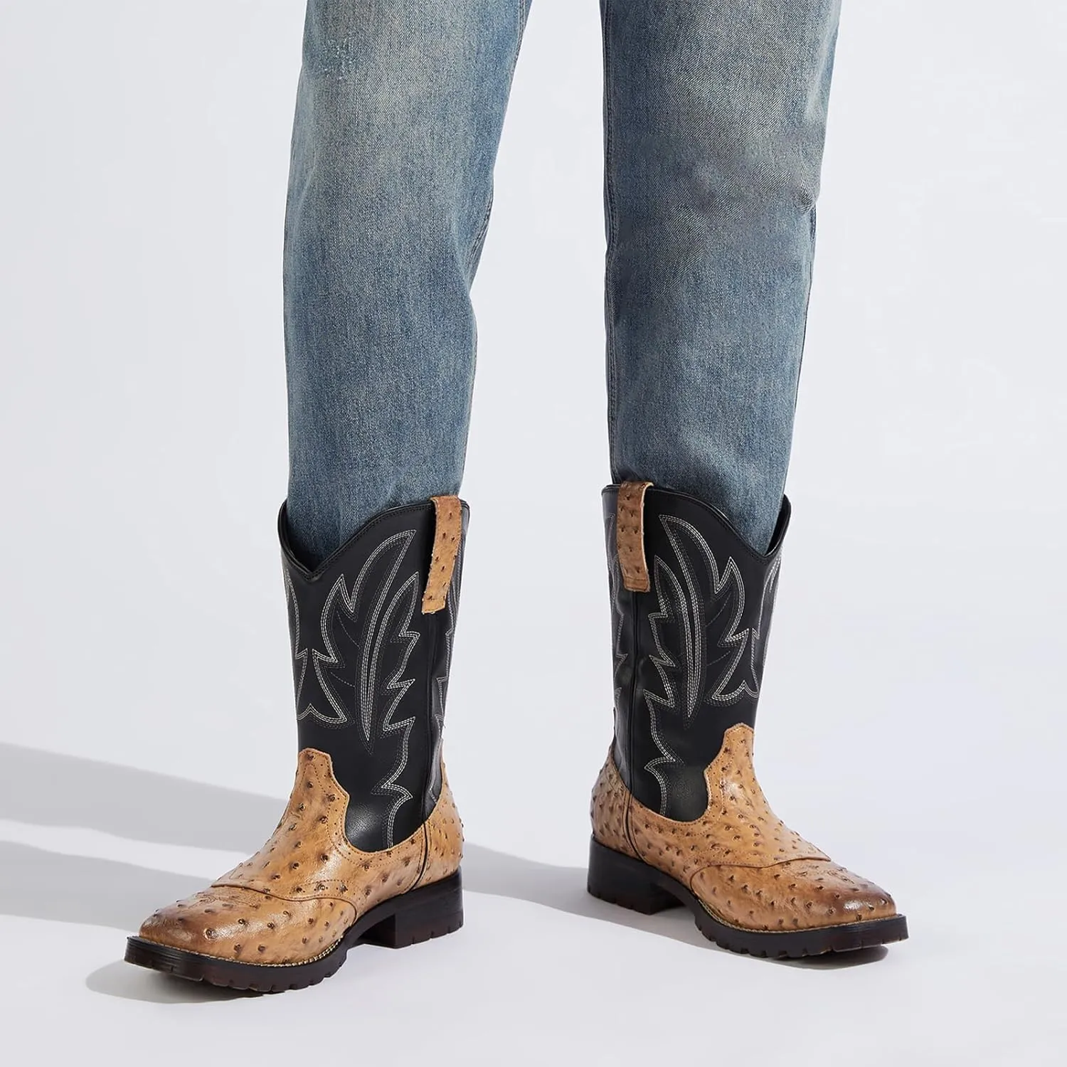 Rollda Cowboy Boots for Men Western Boots Square Toe Chunky Heel Mid-Calf Boots Classic Embroidered with Pull On Tabs