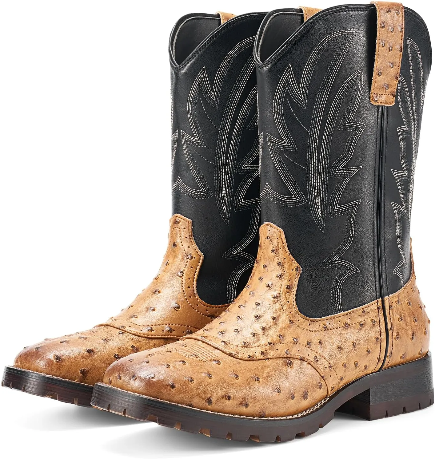 Rollda Cowboy Boots for Men Western Boots Square Toe Chunky Heel Mid-Calf Boots Classic Embroidered with Pull On Tabs