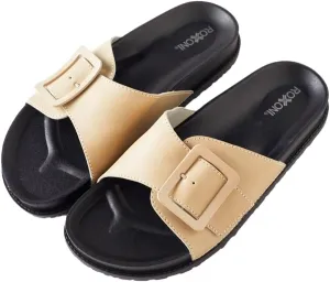 Roxoni Women's Open Toe Big Adjustable Strap Slide Sandals - Stylish and Comfortable Slip-Ons with Wide Strap Design