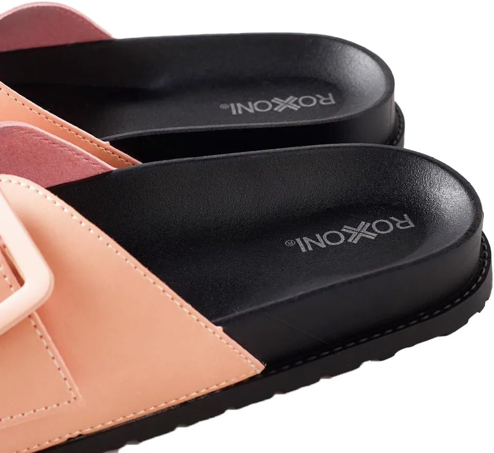 Roxoni Women's Open Toe Big Adjustable Strap Slide Sandals - Stylish and Comfortable Slip-Ons with Wide Strap Design