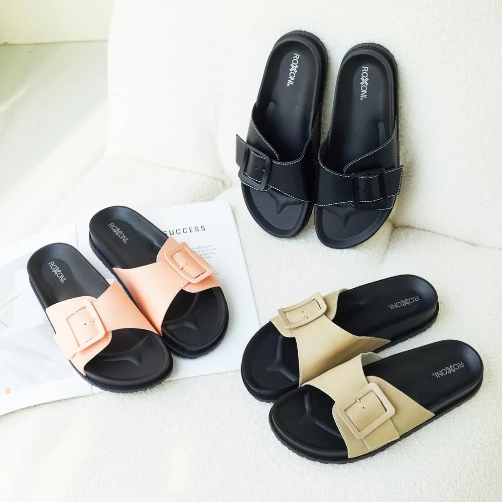 Roxoni Women's Open Toe Big Adjustable Strap Slide Sandals - Stylish and Comfortable Slip-Ons with Wide Strap Design