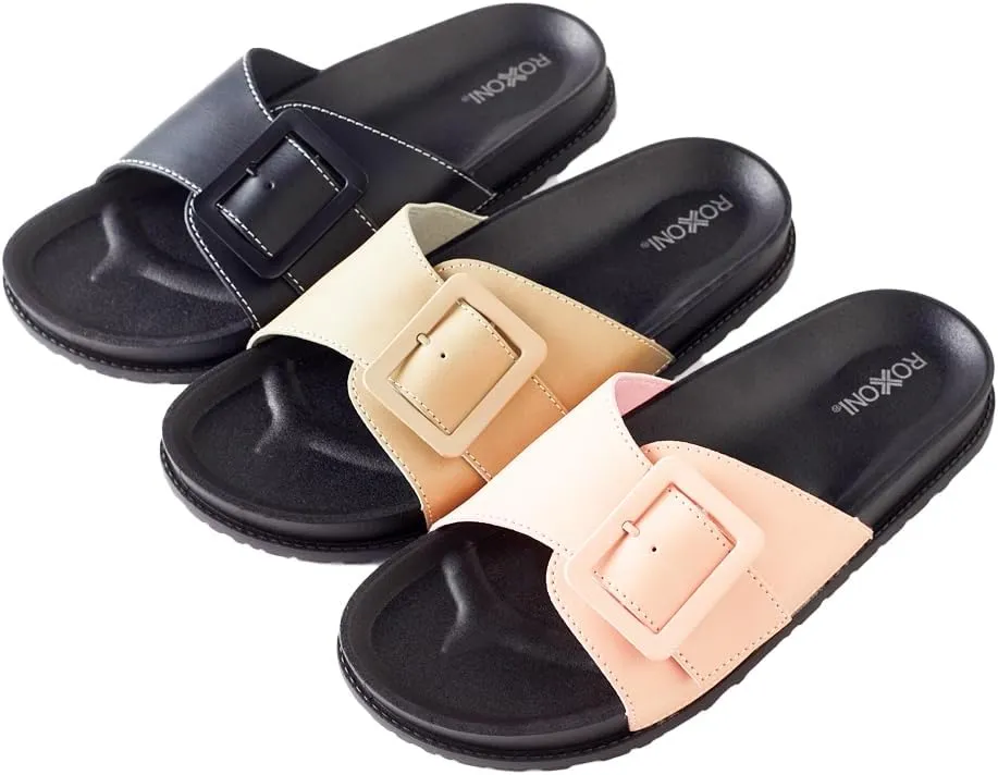 Roxoni Women's Open Toe Big Adjustable Strap Slide Sandals - Stylish and Comfortable Slip-Ons with Wide Strap Design