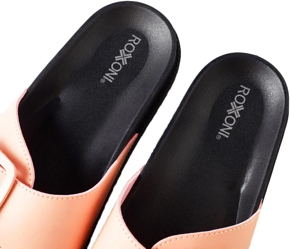 Roxoni Women's Open Toe Big Adjustable Strap Slide Sandals - Stylish and Comfortable Slip-Ons with Wide Strap Design