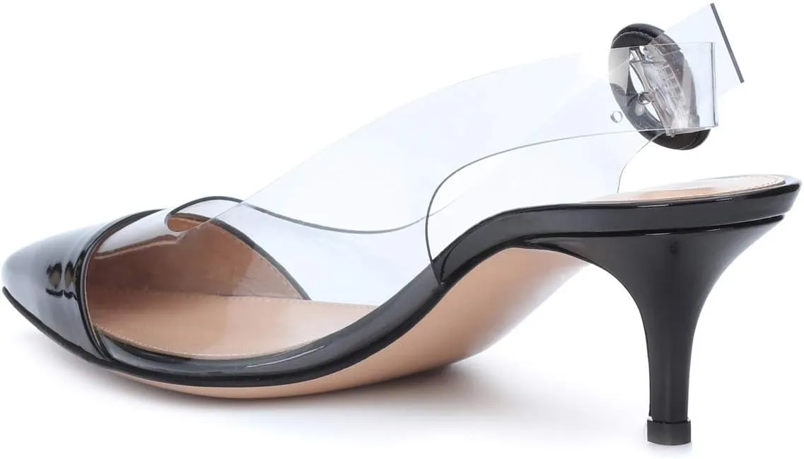 SAMMITOP Women's Clear Ankle Strappy Transparent Slingback Mid Kitten Heels 2.5'' Pointed Toe PVC Dress Sandals Shoes with Buckle