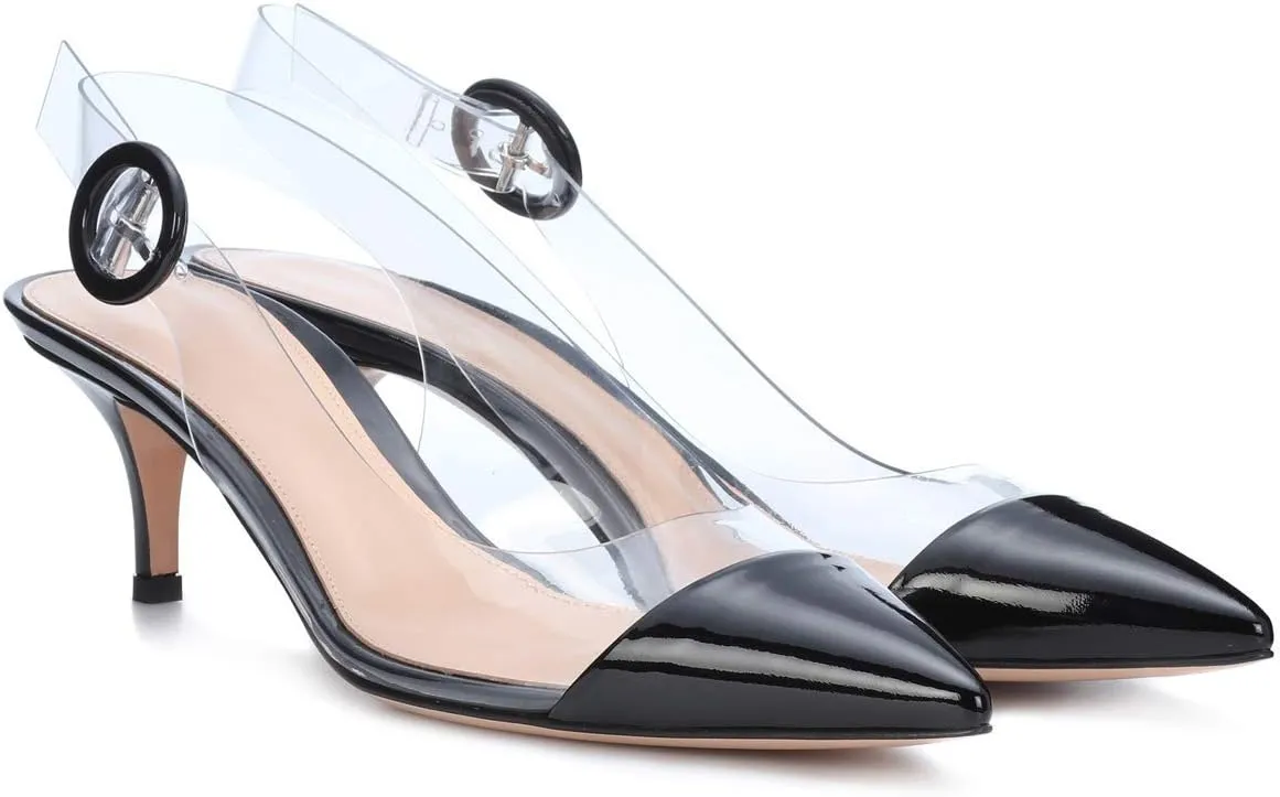 SAMMITOP Women's Clear Ankle Strappy Transparent Slingback Mid Kitten Heels 2.5'' Pointed Toe PVC Dress Sandals Shoes with Buckle