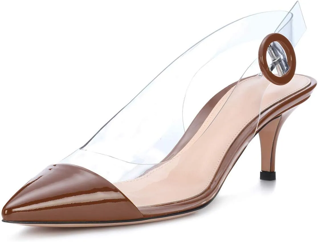 SAMMITOP Women's Clear Ankle Strappy Transparent Slingback Mid Kitten Heels 2.5'' Pointed Toe PVC Dress Sandals Shoes with Buckle