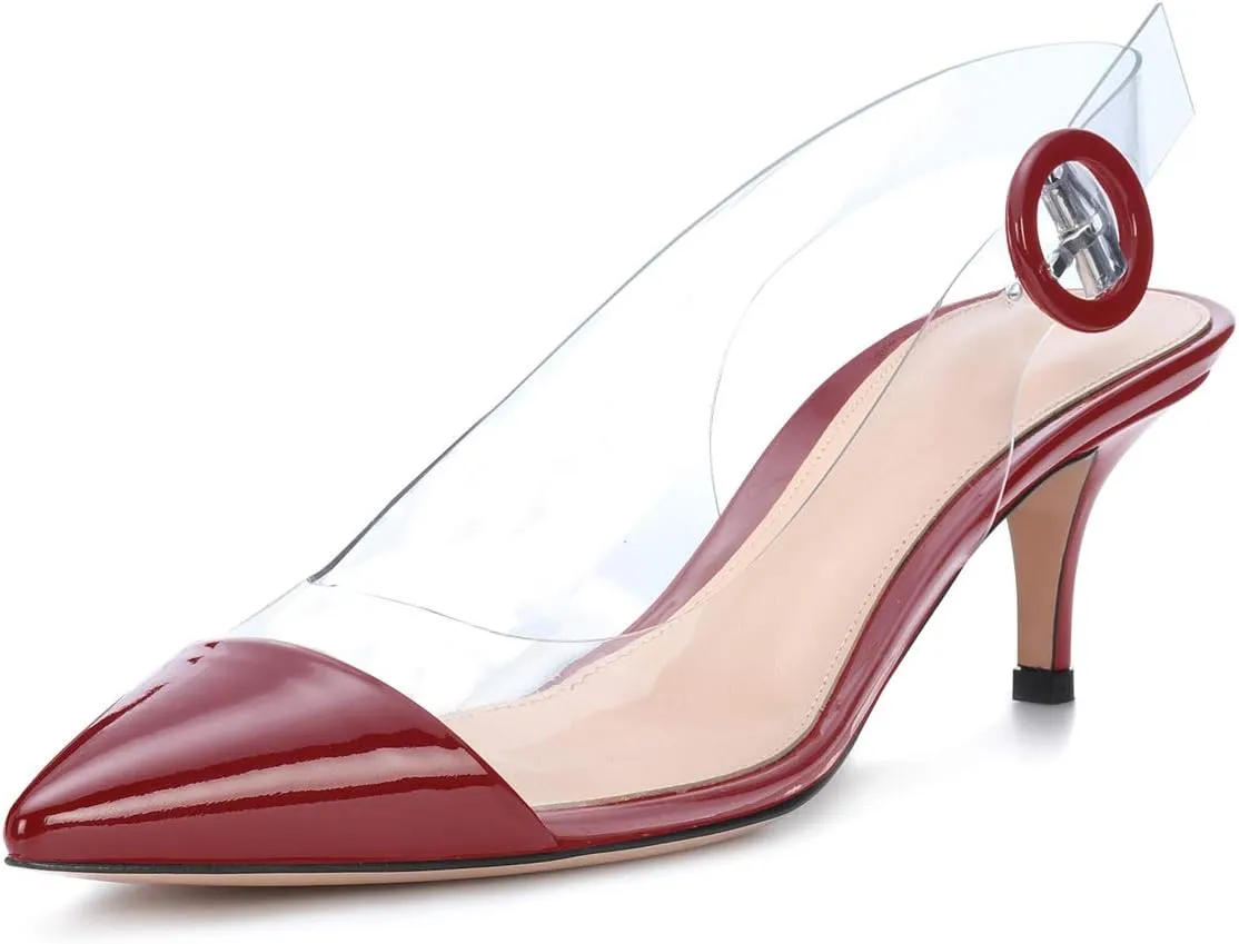 SAMMITOP Women's Clear Ankle Strappy Transparent Slingback Mid Kitten Heels 2.5'' Pointed Toe PVC Dress Sandals Shoes with Buckle