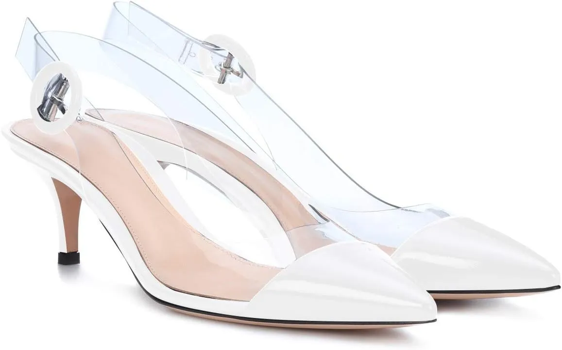 SAMMITOP Women's Clear Ankle Strappy Transparent Slingback Mid Kitten Heels 2.5'' Pointed Toe PVC Dress Sandals Shoes with Buckle