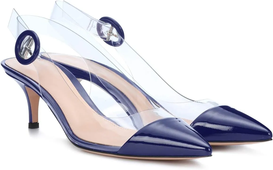 SAMMITOP Women's Clear Ankle Strappy Transparent Slingback Mid Kitten Heels 2.5'' Pointed Toe PVC Dress Sandals Shoes with Buckle