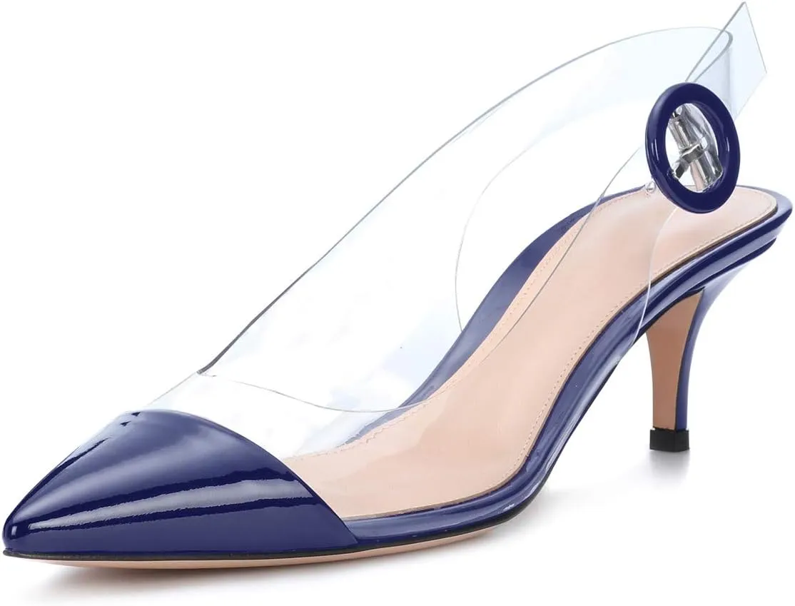 SAMMITOP Women's Clear Ankle Strappy Transparent Slingback Mid Kitten Heels 2.5'' Pointed Toe PVC Dress Sandals Shoes with Buckle