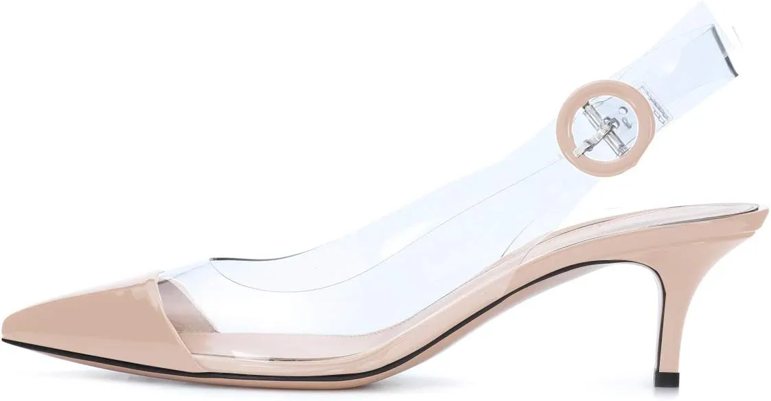 SAMMITOP Women's Clear Ankle Strappy Transparent Slingback Mid Kitten Heels 2.5'' Pointed Toe PVC Dress Sandals Shoes with Buckle