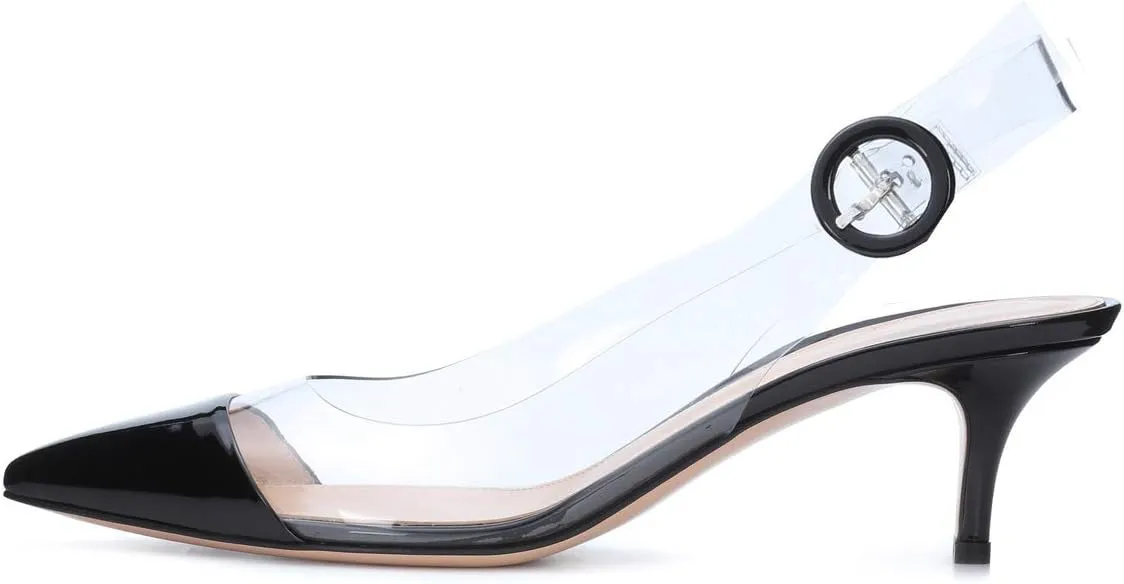 SAMMITOP Women's Clear Ankle Strappy Transparent Slingback Mid Kitten Heels 2.5'' Pointed Toe PVC Dress Sandals Shoes with Buckle