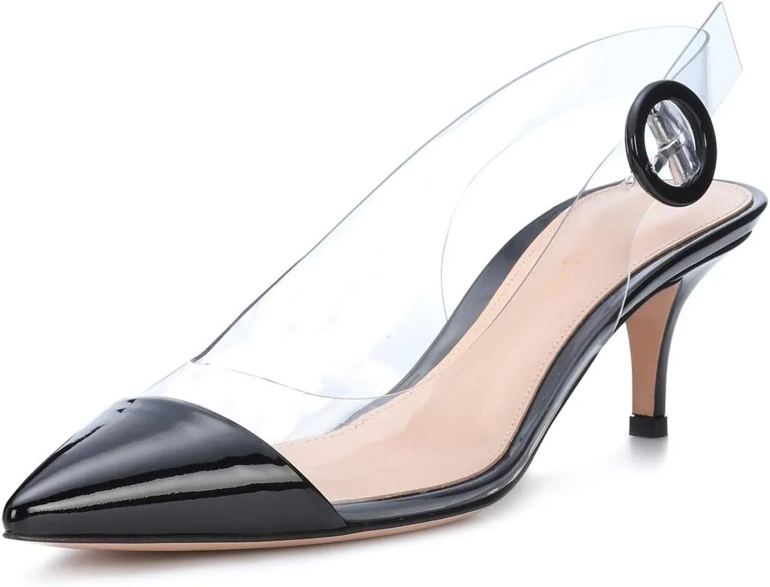 SAMMITOP Women's Clear Ankle Strappy Transparent Slingback Mid Kitten Heels 2.5'' Pointed Toe PVC Dress Sandals Shoes with Buckle